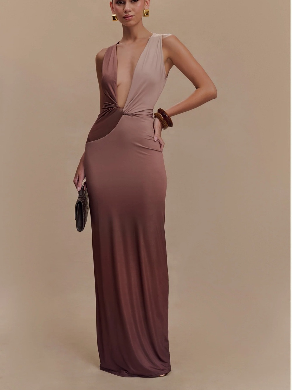 Meshki Stella Draped Slinky Maxi Dress - Mocha Ombre